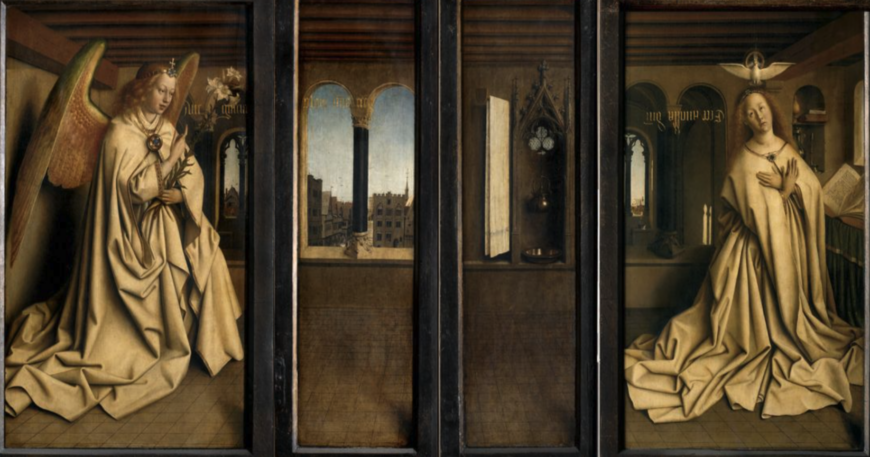 View of Ghent through the window and Niche with silver tray and pitcher in the panels between the Mary and Gabriel (detail), Adoration of the Mystic Lamb, bottom center panel, Jan van Eyck, Ghent Altarpiece (closed), completed 1432, oil on wood, 11 feet 5 inches x 7 feet 6 inches (closed), Saint Bavo Cathedral, Ghent, Belgium (photo: Closer to Van Eyck)